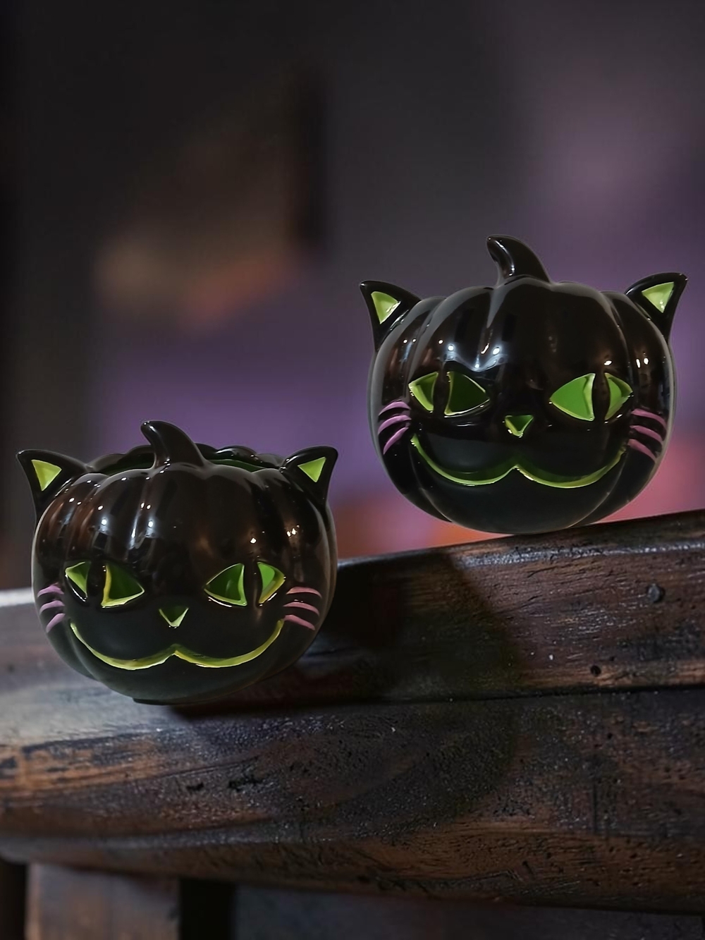 Black Cat Pumpkin Ceramic Mini Candle Holders - Black/Green